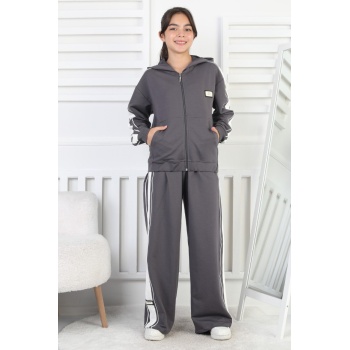 İki İplik Çizgili Kapşonlu Fermuarlı Kız Çocuk Takım