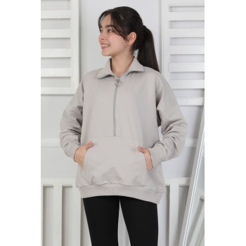 Yarım Fermuarlı Kapüşonlu Kız Çocuk Sweatshirt