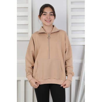 Yarım Fermuarlı Kapüşonlu Kız Çocuk Sweatshirt