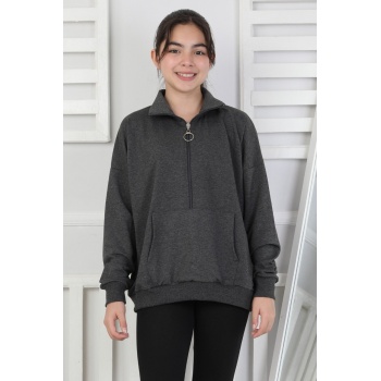 Yarım Fermuarlı Kapüşonlu Kız Çocuk Sweatshirt