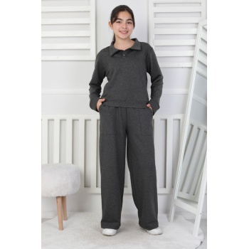 Yakalı Cepli Bol Paça Kız Çocuk Takım