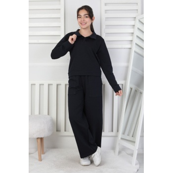 Yakalı Cepli Bol Paça Kız Çocuk Takım