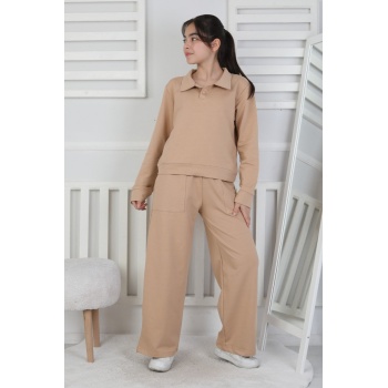 Yakalı Cepli Bol Paça Kız Çocuk Takım