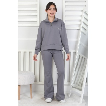 İki İplik Arkası Baskılı Yarım Fermuarlı Kız Çocuk Takım