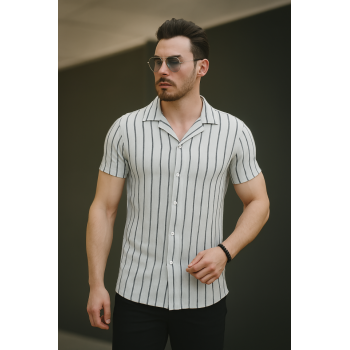 Erkek Kısa Kollu Gri çizgi Desenli örme Kumaş Pamuklu Gömlek