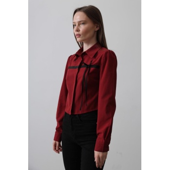 Önü Kontrast Fiyonklu Gömlek - Bordo