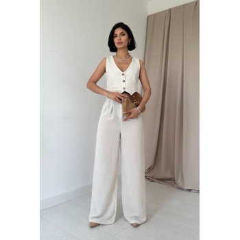 Bej Önü Düğmeli Yelek Ve Pantolon Takım