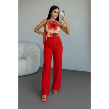 Kadın Yüksek Bel Plise Detay Bol Paça Pantolon