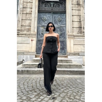 Siyah Straplez Düğmeli Crop Ve Pantolon Takım