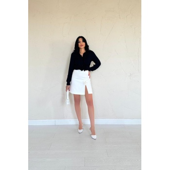 Ekru Yırtmaçlı Gül Detaylı Mini Etek