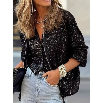 Kadın Uzun Kollu önü Fermuarlı Kısa Pulpayet Ceket