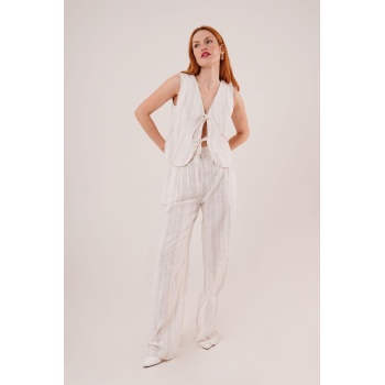 Ön Bağlama Detaylı Yelek Ve Pantolon Ekru Çizgili İkili Takım