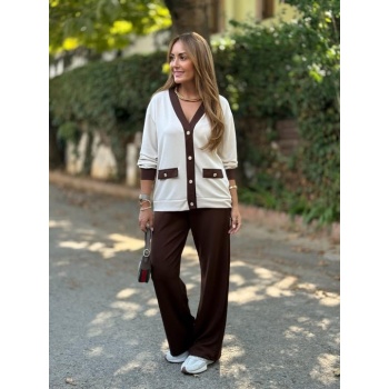 Kadın Uzun Kollu Ribanali Cep Detay Hırka Ve Bol Paça Pantolon Ikili Takım