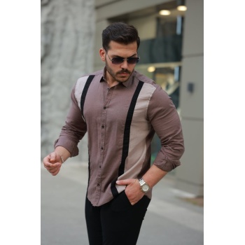 Erkek şerit Detaylı Uzun Kollu Pamuklu Keten Gömlek