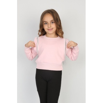 Üç İplik Şardonlu Omuz Detaylı Kız Çocuk Günlük Crop Sweatshirt