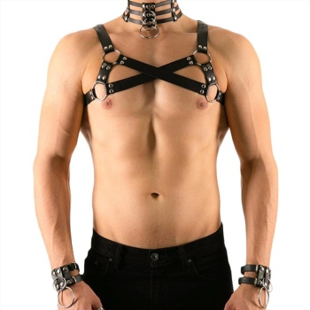 Erkekler İçin Siyah Deri Harness Takımı Göğüs, Boyunluk ve Bileklik Seti