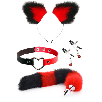 Choker Klips Tüylü Kulak Seti Kırmızı Siyah Kedi Kuyruklu Paslanmaz Çelik Anal Butt Plug
