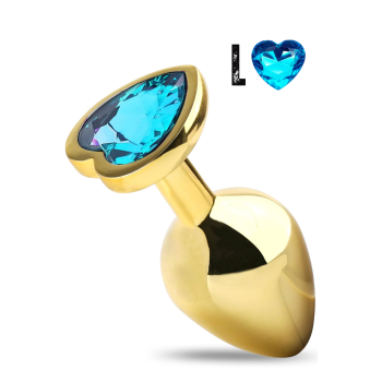 Paslanmaz Çelik Mavi Kalpli Mücevher Taşlı Pürüzsüz Gold Metal Anal Butt Plug - Büyük Boy