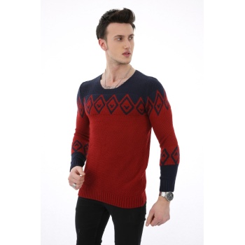 Baklava Desenli Bordo Kalın Kışlık Erkek Günlük Triko Kazak
