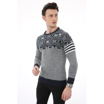Çizgili Desenli Kalın Kışlık Erkek Günlük Triko Kazak