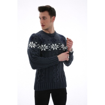 Erkek Kar Desenli Kapartma Baskılı Kışlık Kalın Günlük Triko Kazak