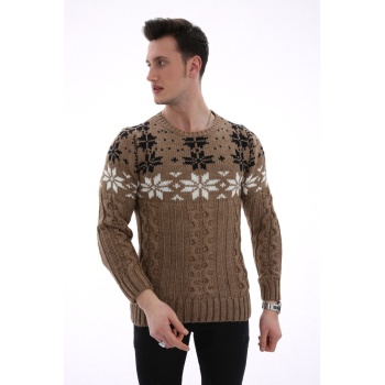 Erkek Kar Desenli Kapartma Baskılı Kışlık Kalın Günlük Triko Kazak