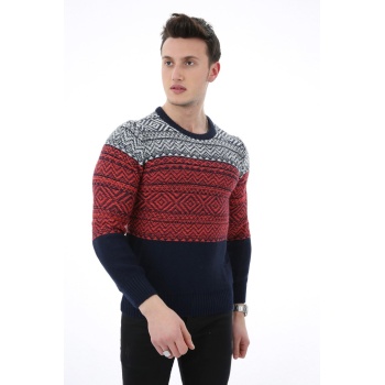 Erkek Kilim Desenli Bordo Kalın Kışlık Günlük Triko Kazak