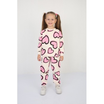 Üç İplik Şardonlu Kalp Baskılı Kız Çocuk Günlük Takım
