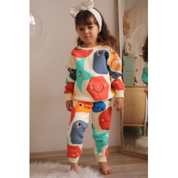 Üç İplik Şardonlu Yıldız Baskılı Kız Çocuk Günlük Takım