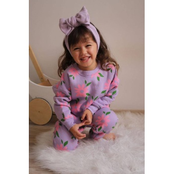 Üç İplik Şardonlu Çiçek Baskılı Kız Çocuk Günlük Takım