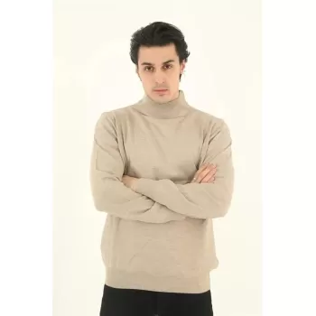 Erkek Yarım Balıkçı Yaka Triko Kazak - Bej