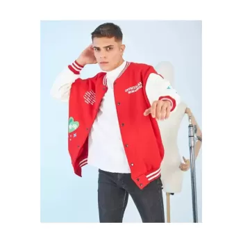 Erkek Kolları Yıldız Sırt Baskılı Oversize Kolej Ceket - Kırmızı