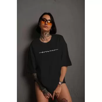 Unisex Bisiklet Yaka Baskılı T-Shirt - Siyah