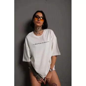 Unisex Bisiklet Yaka Baskılı T-Shirt - Beyaz