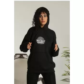 Unisex Sırt Baskılı Kapüşonlu Üç İplik Oversize Sweatshirt - Siyah