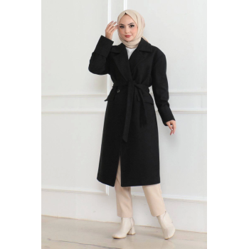 Düğmeli İçi Astarlı Kaşmir Kaşe Kaban - Siyah