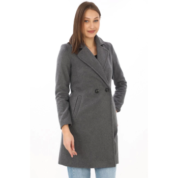 Düğmeli İçi Astarlı Kaşmir Kaşe Kaban - Füme