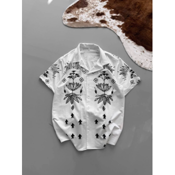 İki İplik Kumaş Baskılı Gömlek - Beyaz