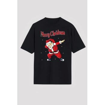 Merry Christmas Baskılı Noel Babalı T-shirt - Siyah