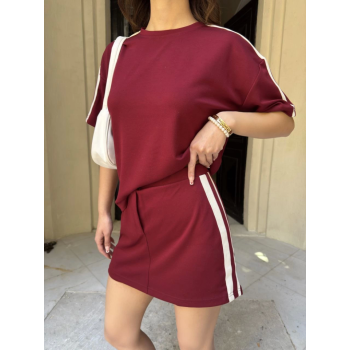 Osy Modal Yumuşak Dokulu Kumaş Parçalı Bisiklet Yaka T-shirt Mini Şortlu Etek İkili Takım -Bordo