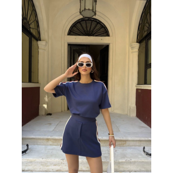 Osy Modal Yumuşak Dokulu Kumaş Parçalı Bisiklet Yaka T-shirt Mini Şortlu Etek İkili Takım -Lacivert