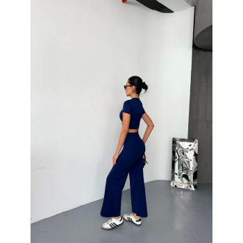 Osy Modal Yumuşak Dokulu Kumaş Kısa Kollu Crop Alt Ispanyol Paça Pantalon Ikili Takım - Lacivert