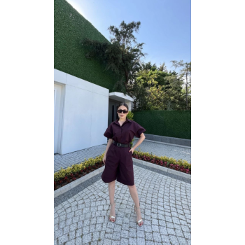 Yakalı Gömlek Kemerli Şortlu Takım - Bordo
