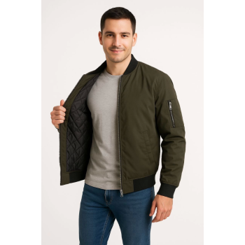 Erkek Içi Astarlı Fermuarlı Bomber Mont Ceket - Haki