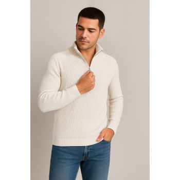 Erkek Yarım Fermuarlı Triko Kazak – Selanik Örgü, Dik Yaka, Pamuklu Dokuma, Regular Fit Uzun Kollu Kışlık Model - Beyaz