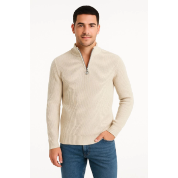 Erkek Yarım Fermuarlı Triko Kazak – Selanik Örgü, Dik Yaka, Pamuklu Dokuma, Regular Fit Uzun Kollu Kışlık Model - Bej