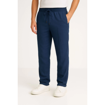 Erkek Keten Pantolon – Cepli, Beli Lastikli Ve Bağcıklı, Nefes Alan Rahat Kalıp, Yazlık Ve Baharlık Günlük Giyim, Şık - Konforlu Boru Paça Model - Lacivert