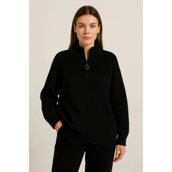 KADIN Yarım Fermuarlı Triko Kazak – Selanik Örgü, Dik Yaka, Pamuklu Dokuma, Oversize Uzun Kollu Kışlık Model - Siyah