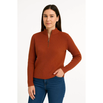 KADIN Yarım Fermuarlı Triko Kazak – Selanik Örgü, Dik Yaka, Pamuklu Dokuma, Oversize Uzun Kollu Kışlık Model - Kiremit