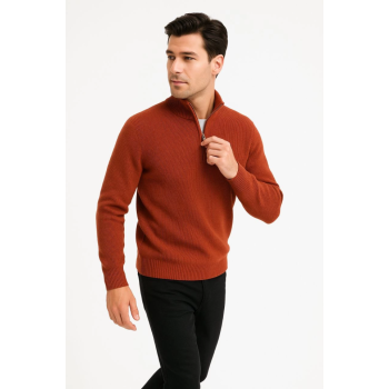 Erkek Yarım Fermuarlı Triko Kazak – Selanik Örgü, Dik Yaka, Pamuklu Dokuma, Regular Fit Uzun Kollu Kışlık Model - Kiremit